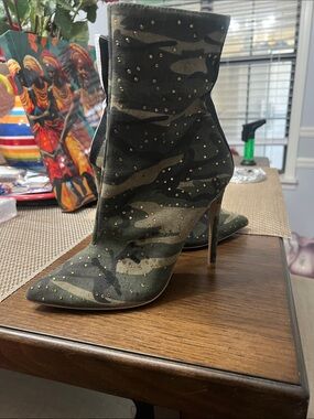 Steve Madden Camouflage Studded Pointed-Toe Stiletto Booties - Green
